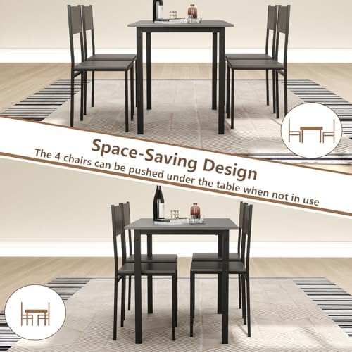 GOFLAME 5-Piece Dining Table Set, Industrial Kitchen Table and Chairs for 4 with Backrest and Metal Frame, Rectangular Space-Saving Dinette Set for Dining Room, Apartment, Small Space, Grey