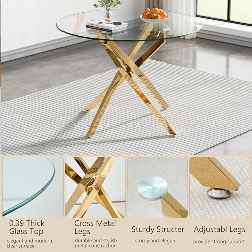 HomVent 36''Gold Round Glass Dining Table Set for 2 for Family Gathering