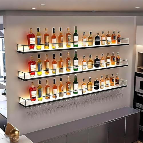 Metal Wall Mounted Wine Rack with LED Light, 3 Tiers Liquor Bottles Floating Shelves with Glass Holder, Wine Shelf Industrial Bar Shelves for Home Bar Dining (Black, 120cm/47.2in)