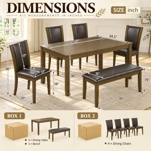 6-Piece Dining Table Set with Bench & 4 Chairs, Solid Wood, Dark Walnut