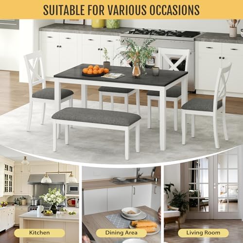Zevemomo 6-Piece Solid Wood Dining Table Set, Wooden Legs, White