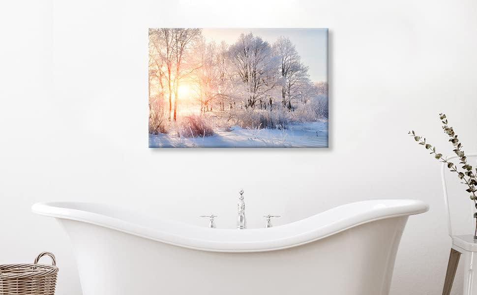 SEVEN WALL ARTS Winter Tree Canvas Wall Art Snow Covered Winter Forest Sunris...