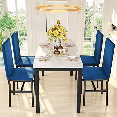 Hooseng Dining Table Set for 4- Space Saving Kitchen Table and Chairs for 4, Modern Style Faux Marble Tabletop & 4 Blue Velvet Chairs for Dining Room, Kitchen, Breakfast Corner Small Spaces, Blue