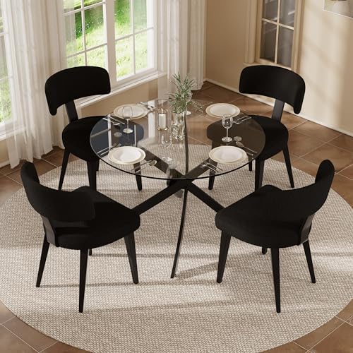 Small Dining Table Set for 4, 36" Round Kitchen Table with 4 Teddy Boucle Dining Chairs, Tempered Glass Top with Metal Legs(All Black)