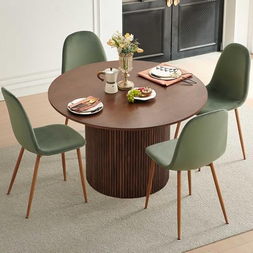 Dining Table Set for 4, Mid Century Modern 47 Inch Wooden Round Dining Table Set, Space Saving (Table + 4 Green Chairs)
