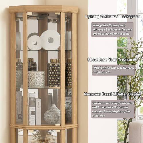 69" H Corner Curio Cabinet with Light, Corner Glass Display Showcase wit...