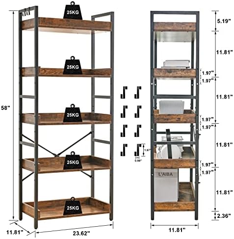 HCHQHS Adjustable 5 Tier Open Bookcase, Rustic Farmhouse Book Shelves, Industrial Wood and Black Metal Bookshelves, Mid Century Bookcase for Home Office Living Room Bedroom