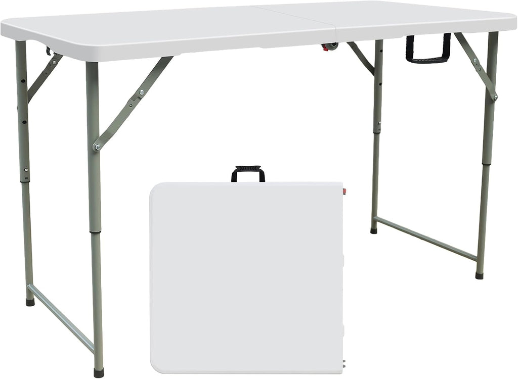 Lakhow 4FT Folding Table,3-Level Adjustable Height Heavy Duty Plastic Utility Table with Carrying Handle,White | Fold in Half,HDPE Top for Indoor Outdoor Camping Party Dining