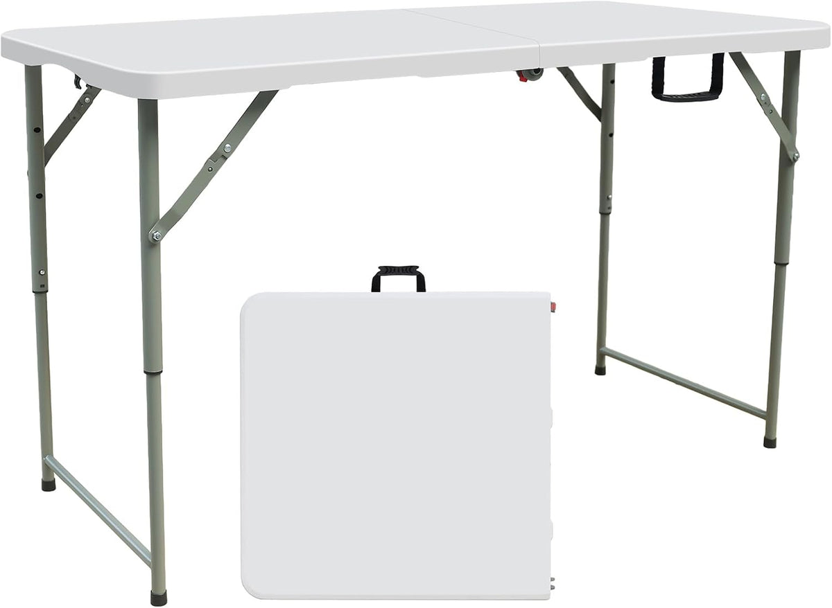 Lakhow 4FT Folding Table,3-Level Adjustable Height Heavy Duty Plastic Utility Table with Carrying Handle,White | Fold in Half,HDPE Top for Indoor Outdoor Camping Party Dining