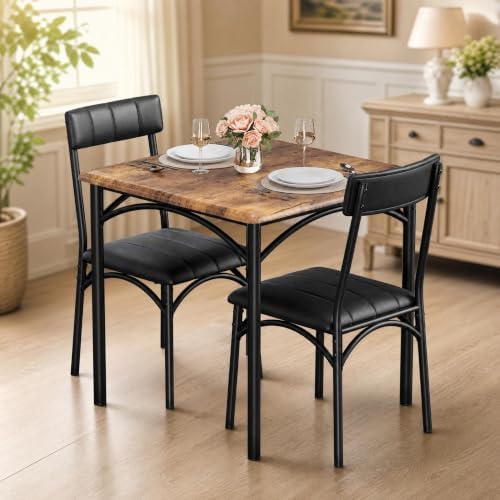 GarveeHome Dining Table Set for 2, Kitchen Table with 2 Upholstered Chairs, Wood Square Dining Table and Chairs Set for Small Space, Apartment, Dinner, Rustic Brown