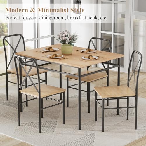 VECELO Dining Table Set for 4, 5-Piece Wood Kitchen Table with Chairs for Small Space, Breakfast Nook, Space-Saving, Natural Black