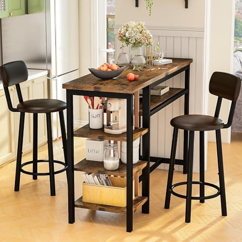 Recaceik 47" Bar Dining Table Set for 2, 3 Piece Bar Table and Chairs Set, Kitchen Counter Height Dining Table Set, Small Kitchen Bar Table with Storage & 2 Stools, Breakfast Nook Set for Small Space