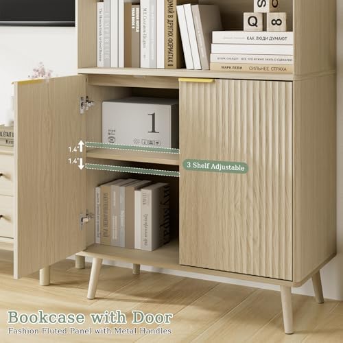 LYNSOM Beige Bookshelf, 70.9" Tall Book Shelf, 5-Tier Bookcase with Fluted Doors and Adjustable Shelves, Wooden Storage Cabinet for Living Room, Office and Kitchen(Beige, 1PC)
