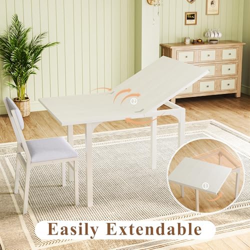 HUAHUU Dining Table Set for 4, Extendable Kitchen Table Cushion Chairs Set of 4, Rectangle Dining Table with Metal Frame & MDF Board, Folding for Small Apartment Saving Space, White