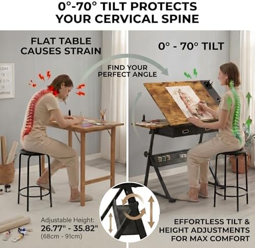 Adjustable Drawing Table with 2 Drawers & Stool, for Art & Work