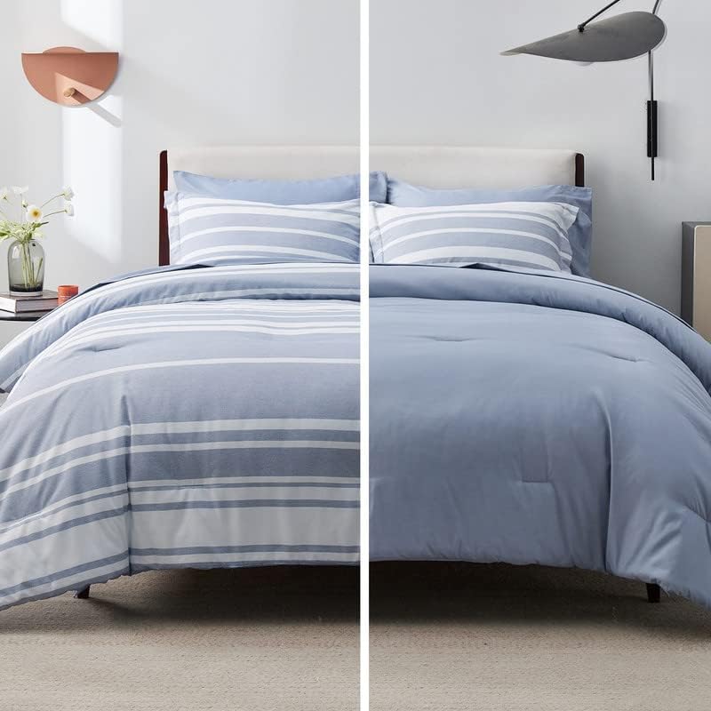 Bedsure Queen Comforter Set, Blue Striped Bedding Set, 7 Piece