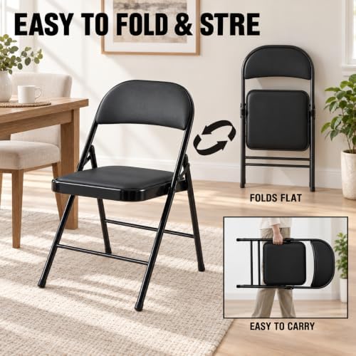 Black Folding Chairs with Cushion 6 Pack, Folding Chairs with Back Padded and...