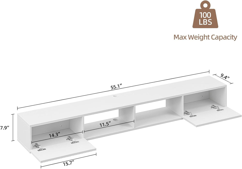 Plywood Floating TV Stand with Fluted Doors,White,55 inch