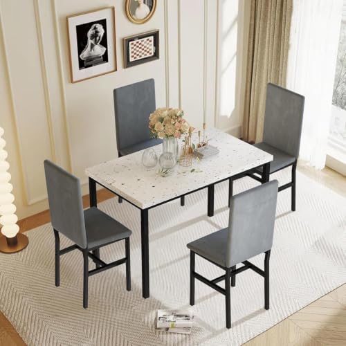 Hooseng Dining Table Set for 4, Kitchen Table and Chairs Set for 4, Small Dining Table Set with Faux Marble Table top & 4 Velvet Upholstered Dining Chairs Dining Room Table Set for Small Space, Gray