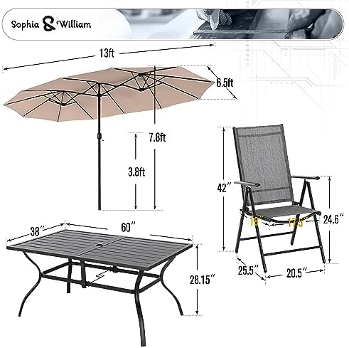 Sophia & William Patio Dining Set for 6 w/Folding Chairs & Beige Umbrella