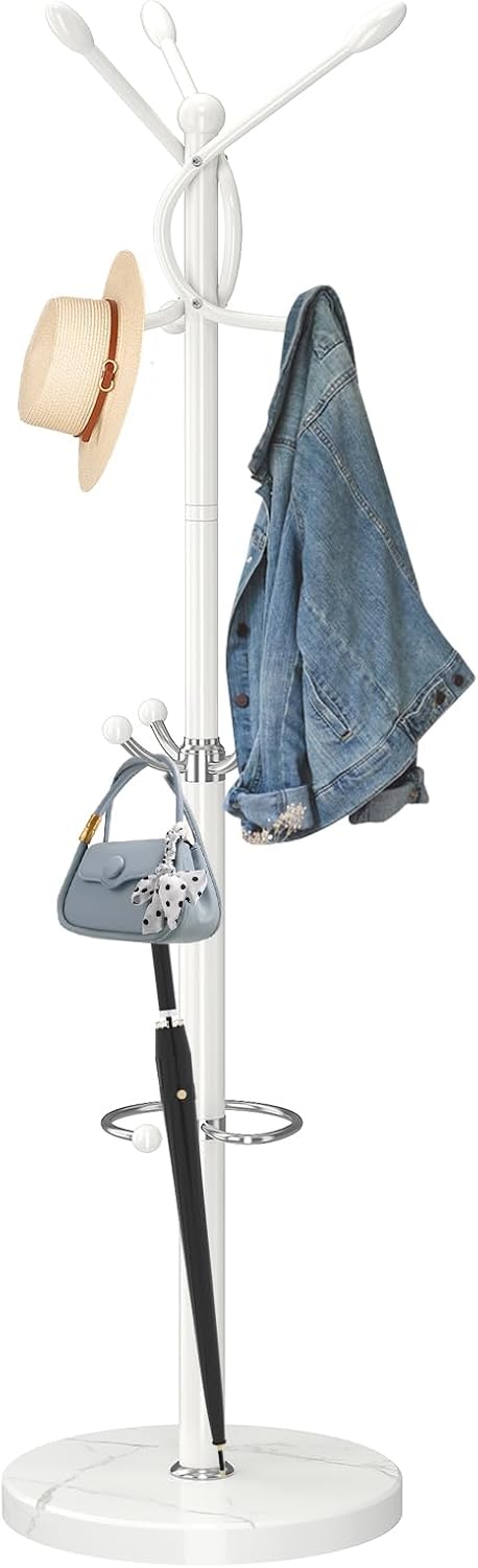 ZOZOE Coat Rack Stand with 10 Hooks Marble Base & Umbrella Holder
