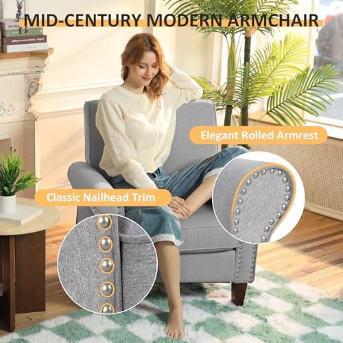PrimeZone Comfy Accent Chairs Set of 2, Mid-Century Modern Arm Chair, Grey