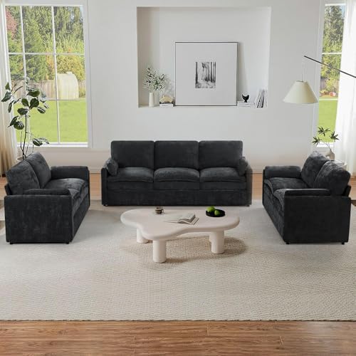 3 Pieces Chenille Sofa Set w/Two Arm Pillows, Black