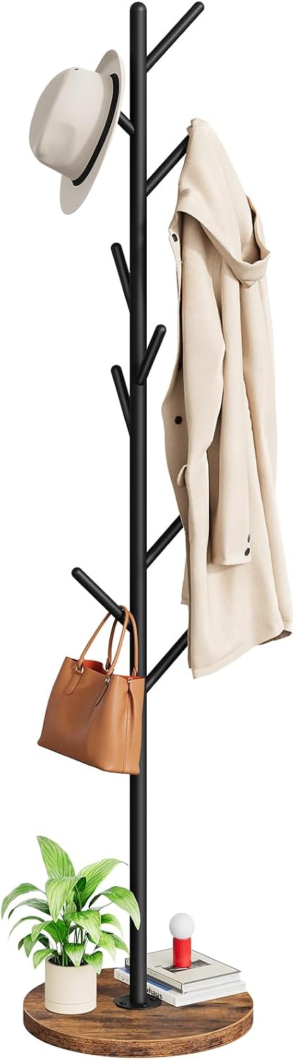 HOOBRO Coat Rack Stand with 9 Hooks, Metal Freestanding Coat Tree with Wooden...