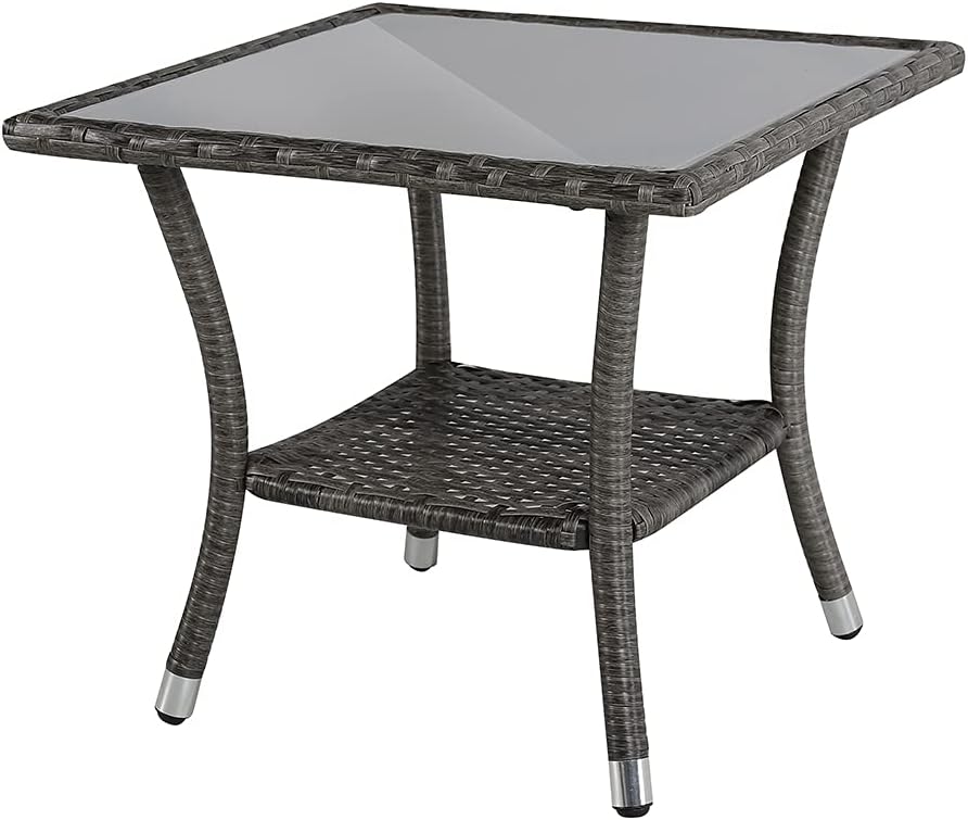 Super Patio Outdoor Side Table, Wicker Patio Coffee Table w/Glass Top, Gray
