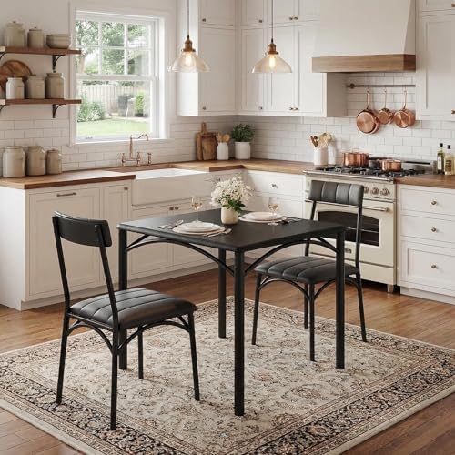 GAOMON Dining Table Set for 2, Kitchen Table and Chairs for 2 with Upholstered Chairs, 3 Piece Dining Room Table Set, Square Kitchen Table Set for Small Space, Apartment, Studio, Rustic Black