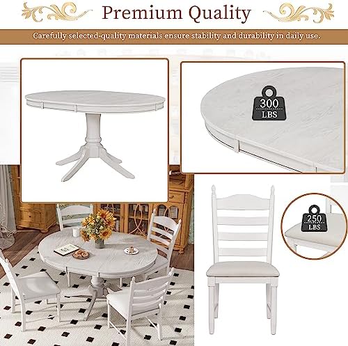 LUMISOL 5-Piece Solid Wood Dining Table Set for 4, Farmhouse Kitchen Table Set with Extendable Round Table & 4 Upholstered Chairs for Kitchen, Dining Room, Small Space, Antique White