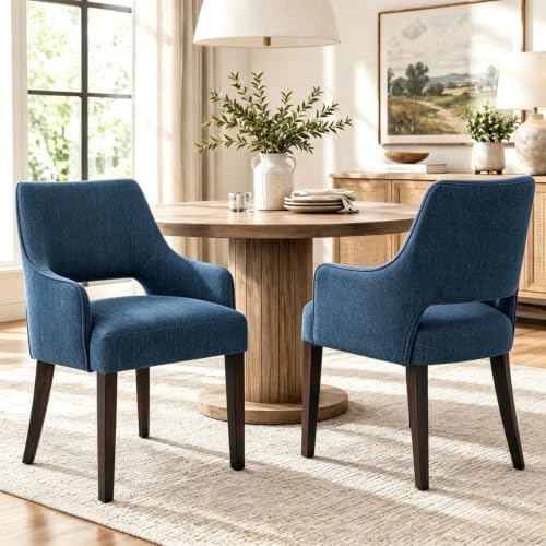 Blue Linen Upholstered Dining Room Chairs Set of 2 with Arms