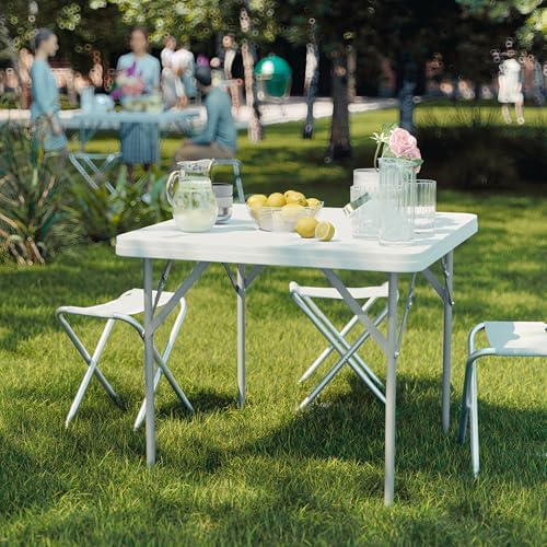 Flash Furniture Elon Square Plastic Folding Table, Portable Dining Card Table for 4 People, Indoor-Outdoor Use, 34.25", Granite White
