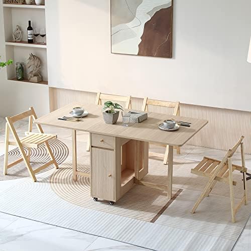 COMUHOME Drop Leaf Folding Dining Table with Storage, Wheels, Space Saving