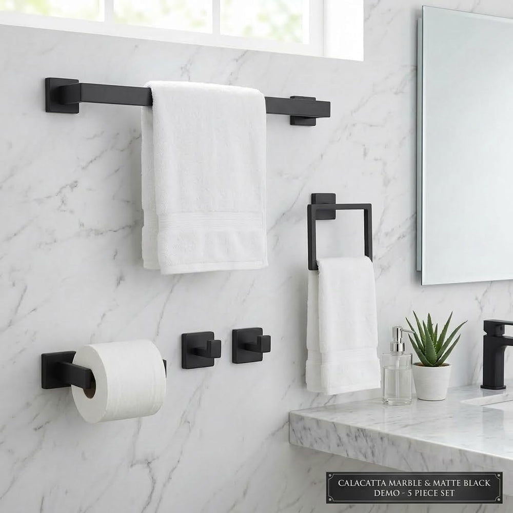 5-Piece Bathroom Hardware Set, 23.6 in Towel Bar, Matte Black