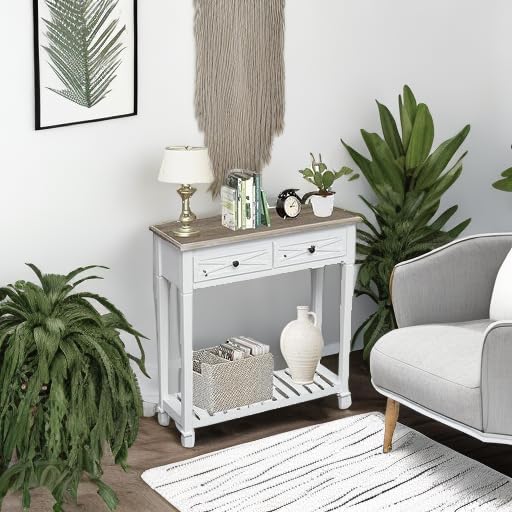 kinbor Narrow Console Table with Drawers, Small Entryway Table, White