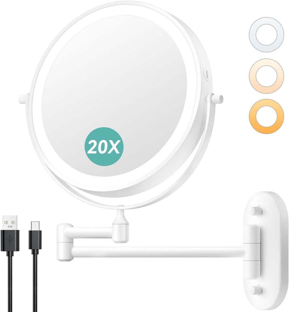 Auxmir 1X/20X Wall Mounted Makeup Mirror, 8" Rechargeable Magnifying Mirror