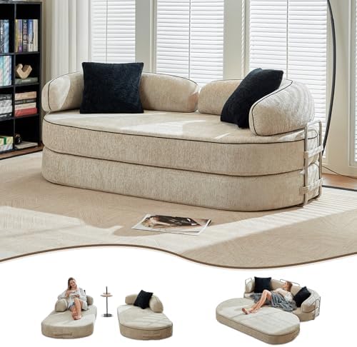 4-in-1 Folding Convertible Sofa Bed, 78 Inch Compression Oversized Corduroy Upholstered Boneless Couch with Fixed-Shape Frame, Loveseat Sleeper with Pull Out Bed, Modular Futon Couch,Beige