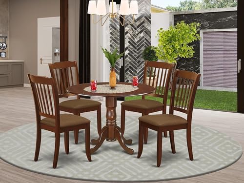 East West Furniture DLDA5-MAH-C 5 Piece Kitchen Table Set for 4 Includes a Round Dining Room Table with Dropleaf and 4 Linen Fabric Upholstered Dining Chairs, 42x42 Inch, Mahogany