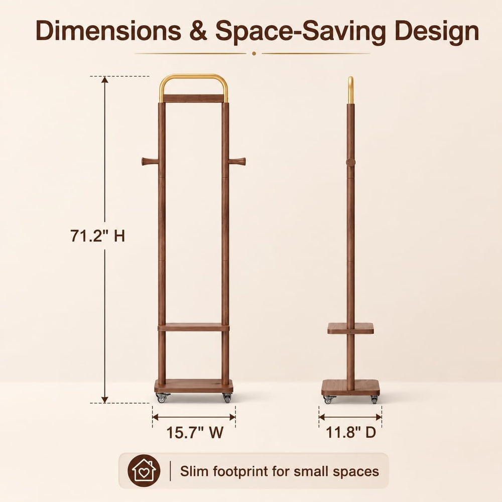 VetaDeMadera Wooden Coat Rack, Rolling Rack with Shelves