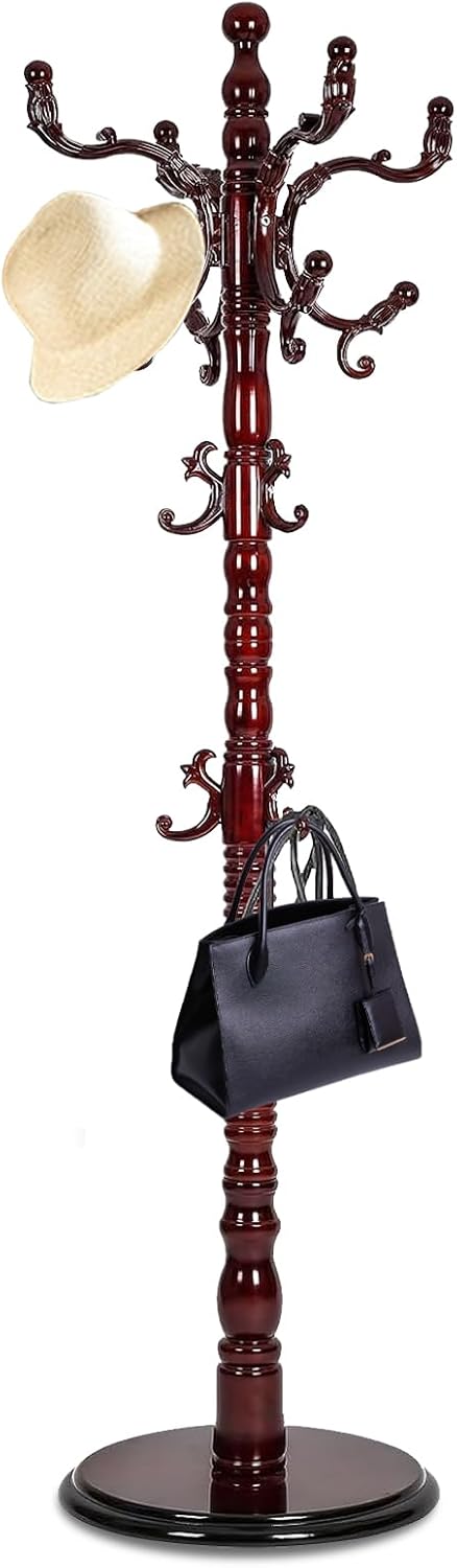 Coat Racks Wooden Freestanding Mahogany Tree Rack, Black Red
