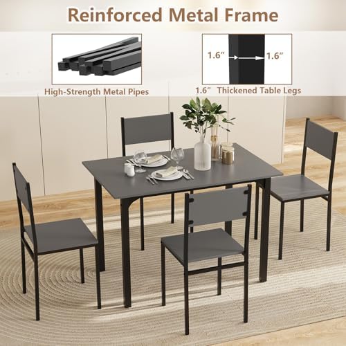 GOFLAME 5-Piece Dining Table Set, Industrial Kitchen Table and Chairs for 4 with Backrest and Metal Frame, Rectangular Space-Saving Dinette Set for Dining Room, Apartment, Small Space, Grey