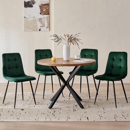 39" Round Dining Table Set for 4(Brown Table+4 Green Chairs)