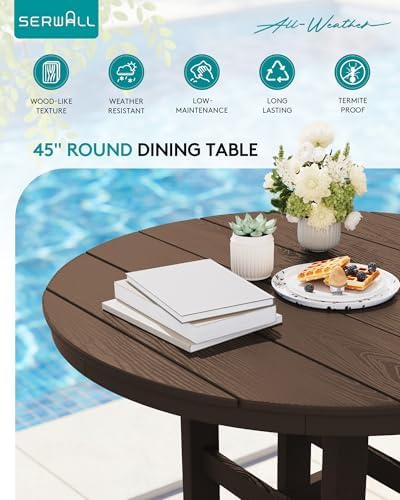 SERWALL 5-Piece HDPE Round Dining Set, 45" Table, 4 Chairs, Coffee