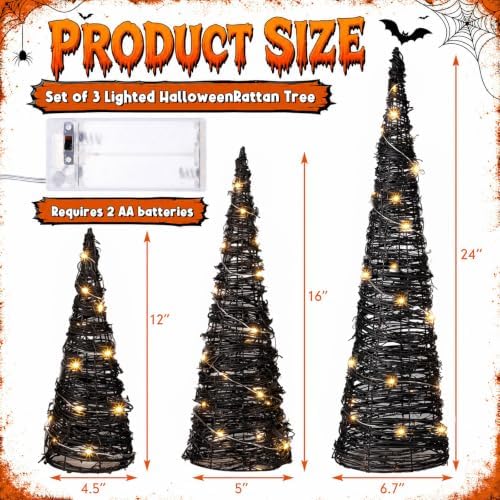 Jenaai 3 Lighted Halloween Rattan Trees 24" 16" 12", Cone Trees Decor