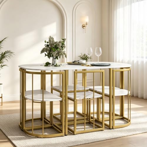 Metal 7 Piece Kitchen Dining Table Set with Chairs for Saving Space Metal Dining Room Table Set for 6 Persons, Golden White