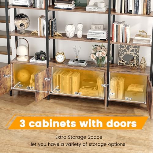 Arched Bookshelf and Bookcase with 3 Cabinets, Triple Wide 5 Tier Standing Book Shelf, Storage Display Rack Shelves, Industrial Open Bookshelf, Etagere Bookcase, Brown+Black