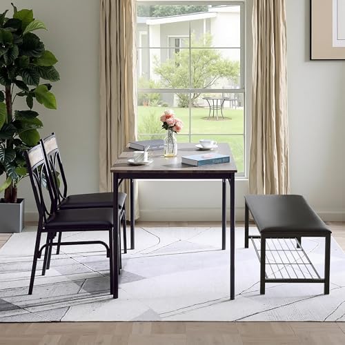 VECELO Kitchen Dining Table Set with Upholstered Bench & 2 Chairs | Space-Saving Compact Design | Perfect for Small Apartments, Breakfast Nooks, Rustic Brown