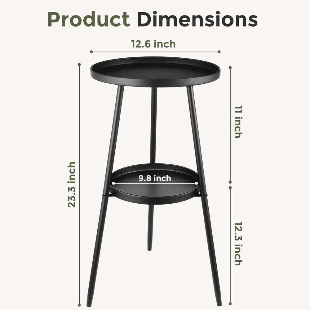 2-Tier Metal Outdoor Side Tables Set of Two 12.6" Round Black End Tables...