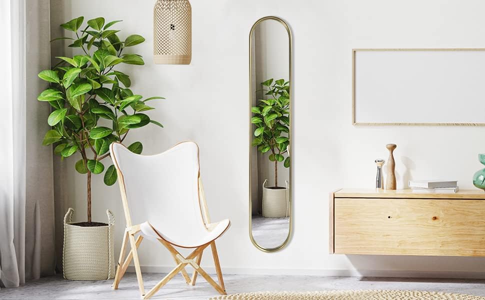OUSHUAI Gold Full Length Oval Mirror,Narrow Capsule Long Mirrors with Metal F...